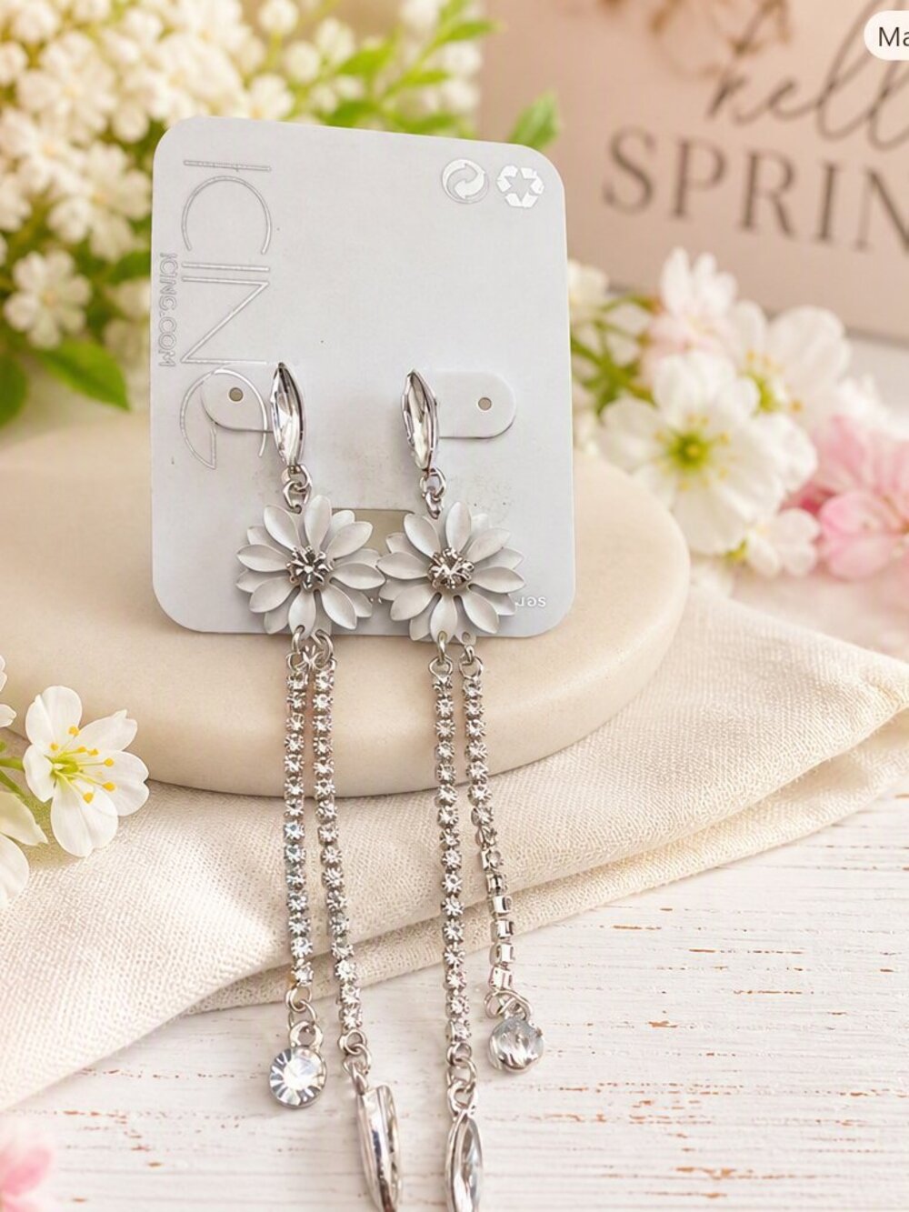 Icing White Floral Drop Earrings with Silver Chains